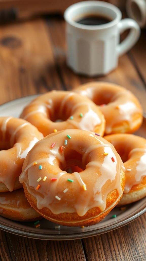 A plate of golden glazed donuts with sprinkles on a rustic wooden table next to a cup of coffee.
